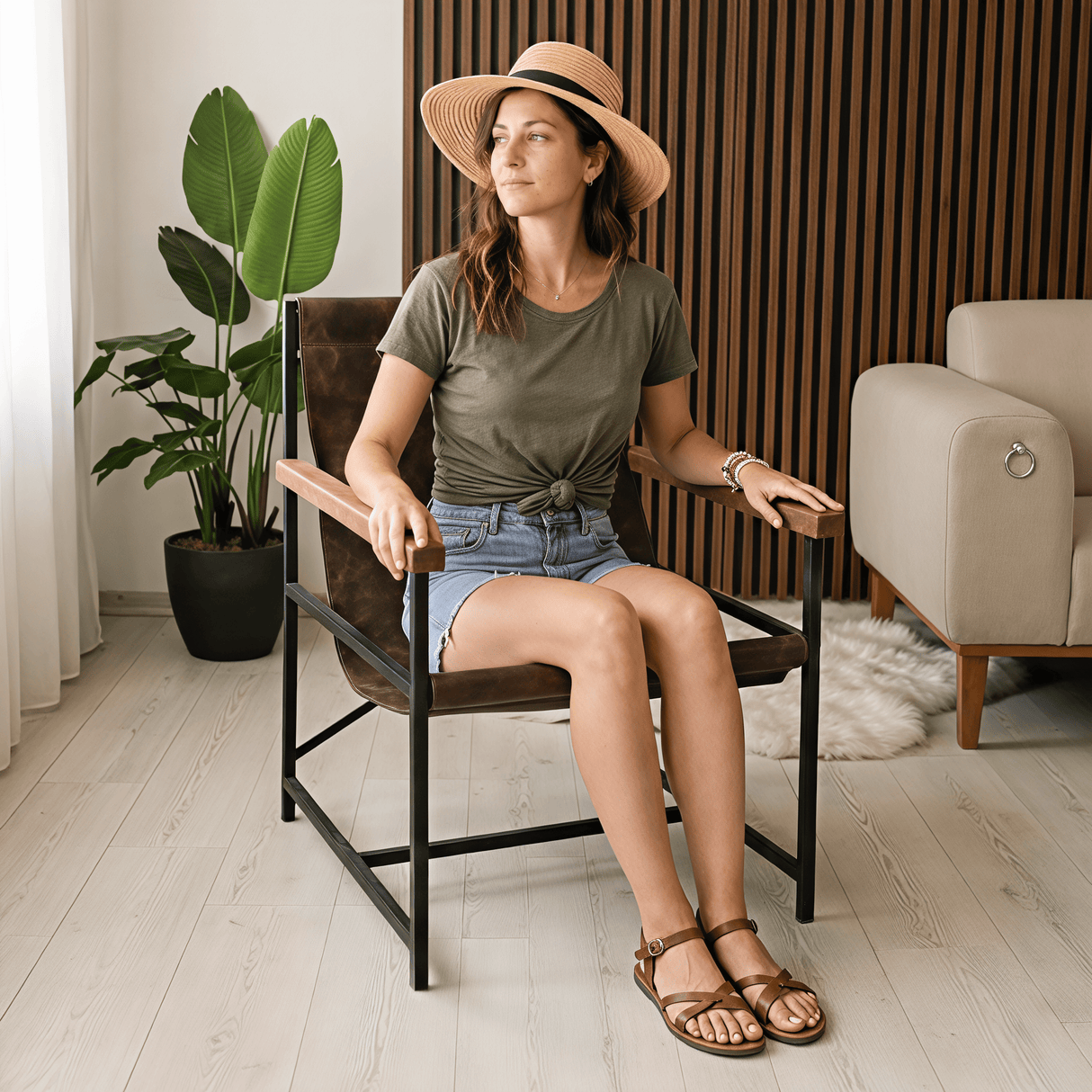 Black Steel Sling Chair for Living Room Decor, Mid Century Minimalist Accent