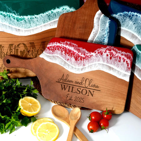 a wooden cutting board with a personalized cutting board on it