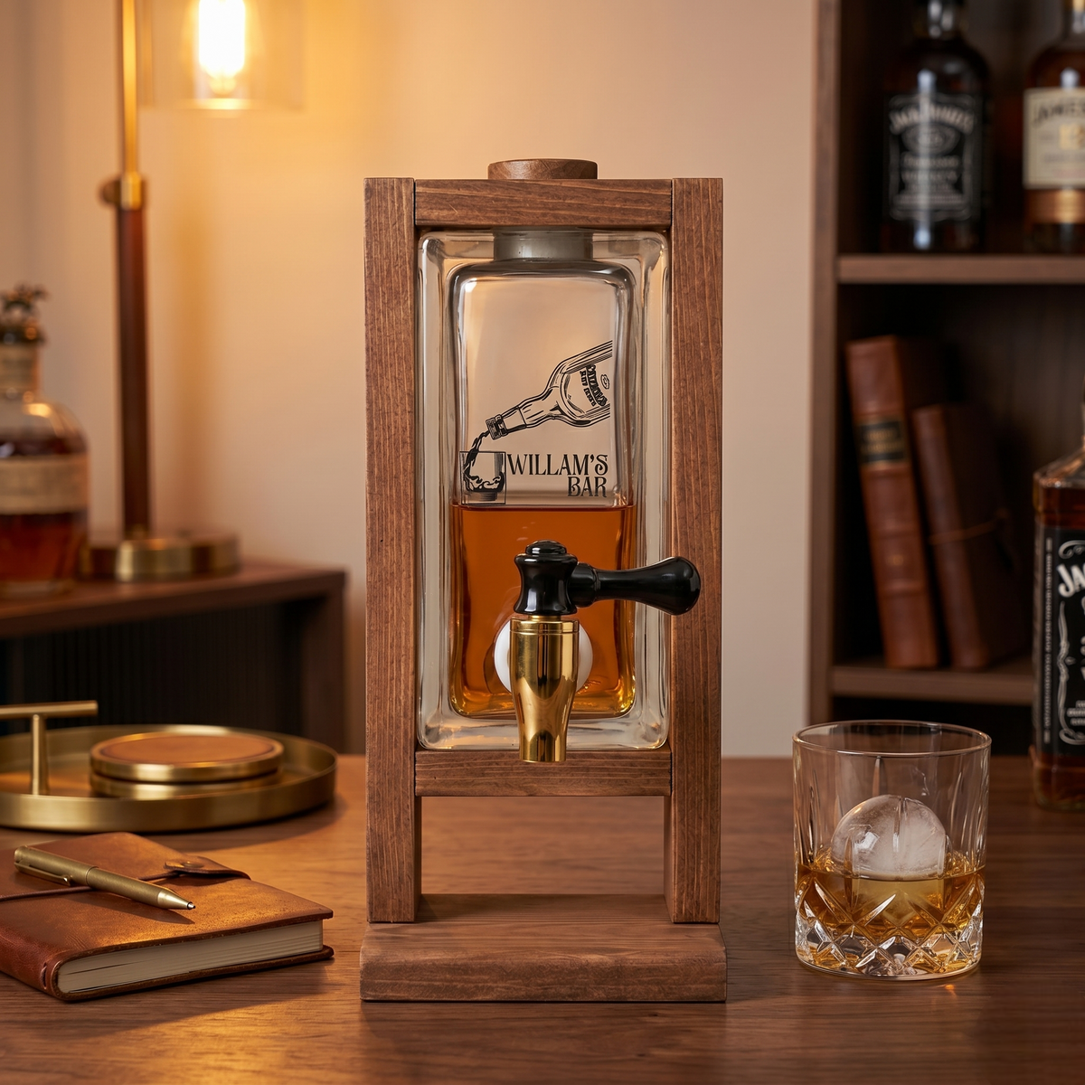 Personalized Glass Whiskey Dispenser with Wooden Stand | Home Bar Accessory