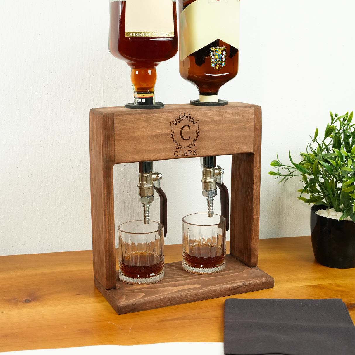 Wooden Personalized Whiskey Dispenser: Home Bar Stand with Leather Tap & Glasses