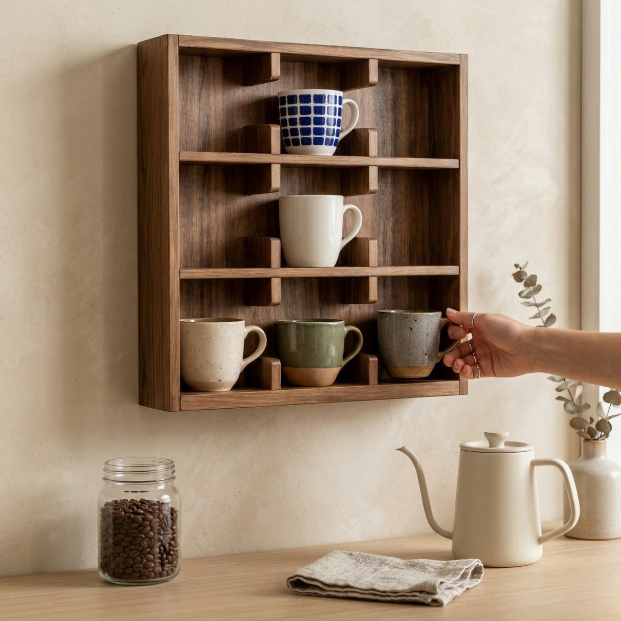 Coffee Cup Holder Wall Stand, Wooden Mug Organizer, Coffee Bar Decor