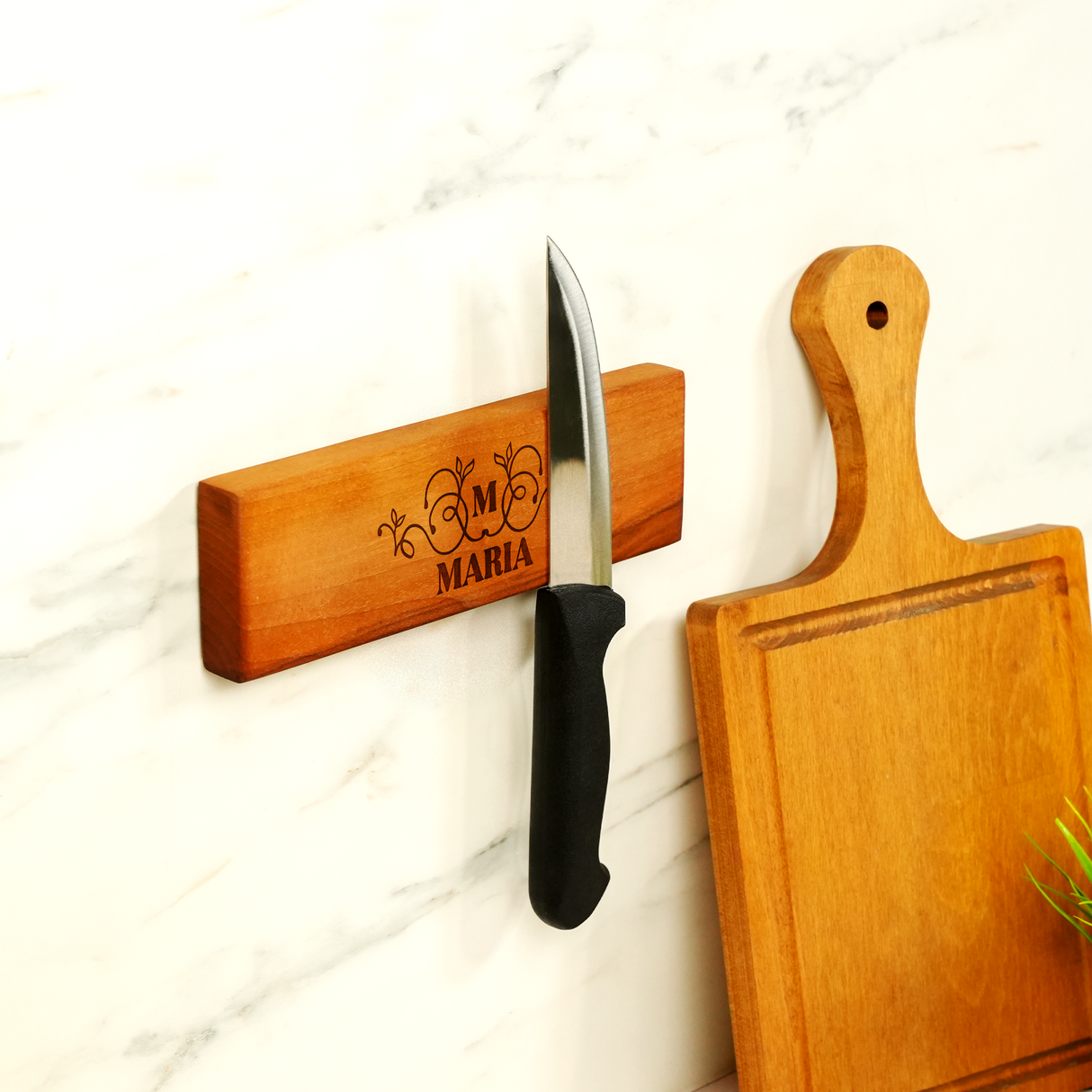 Engraved Walnut Magnetic Knife Strip: Personalized Kitchen for Grandma, Live Edge Wooden Display