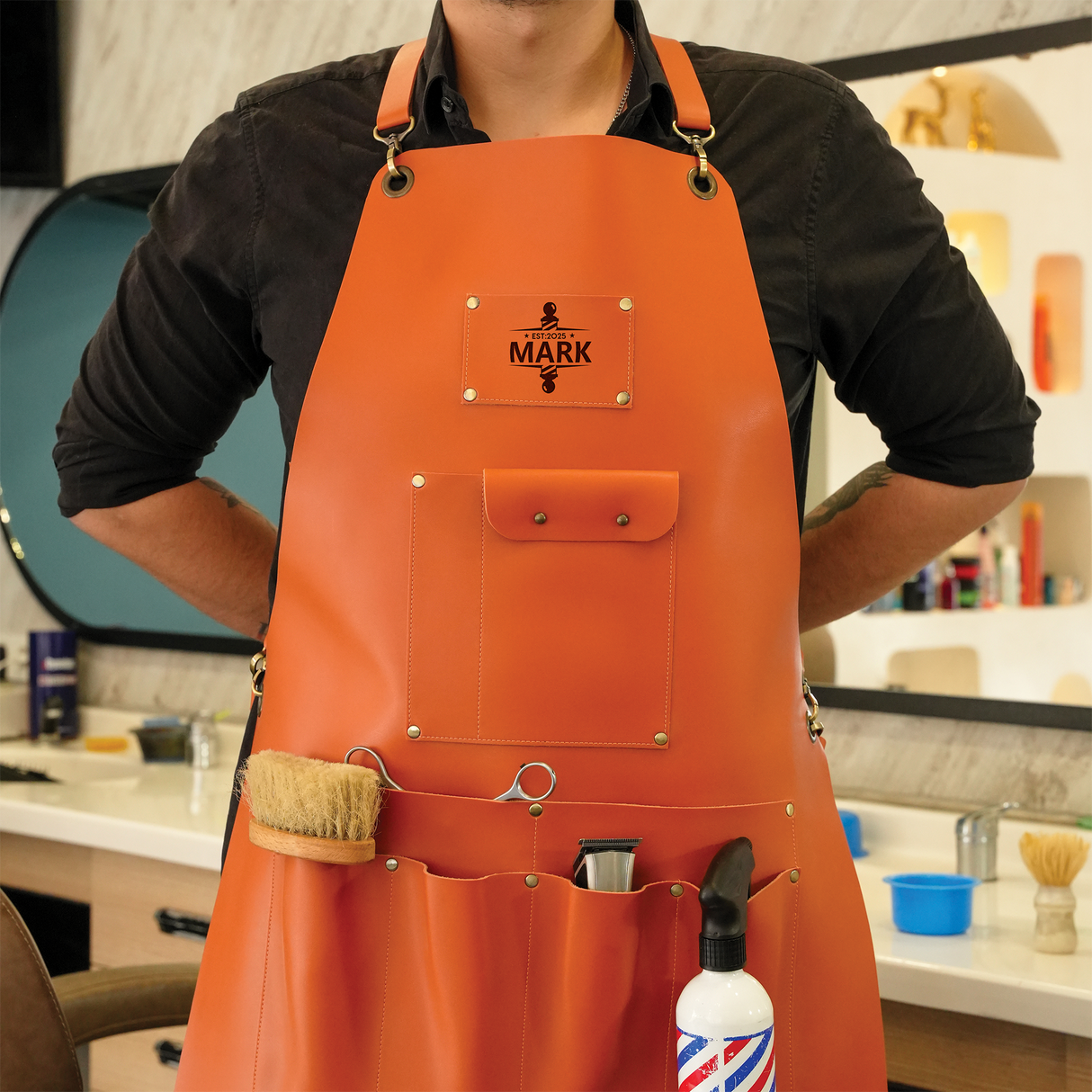 Custom Leather Hair Stylist Apron with Pockets, Personalized Aprons for Men, Barber Gift, Hairdresser Gift, Barber Accessory, Gift for Him