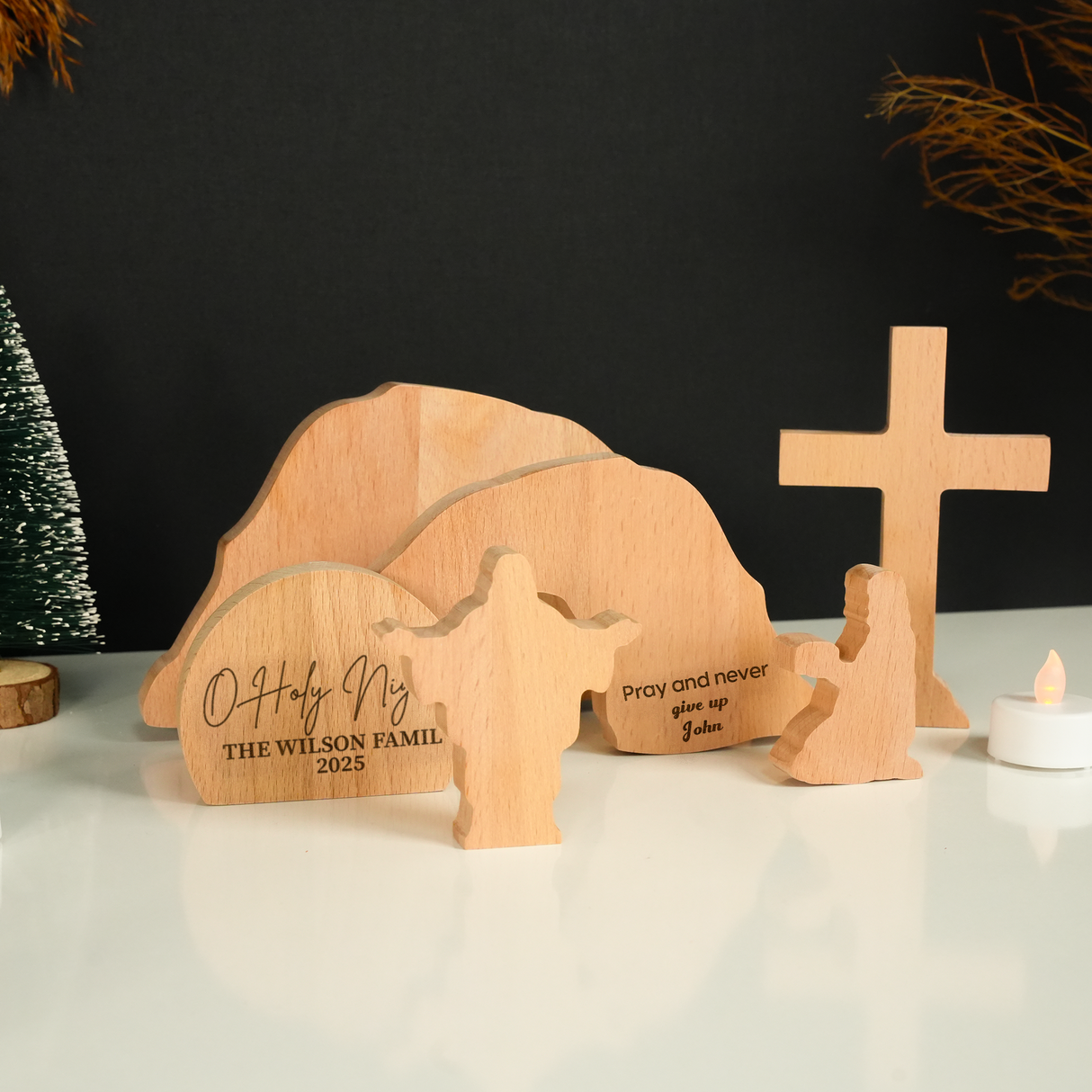 Personalized Nativity Scene Set: Birth of Jesus in Solid Wood, Religious Home Decor