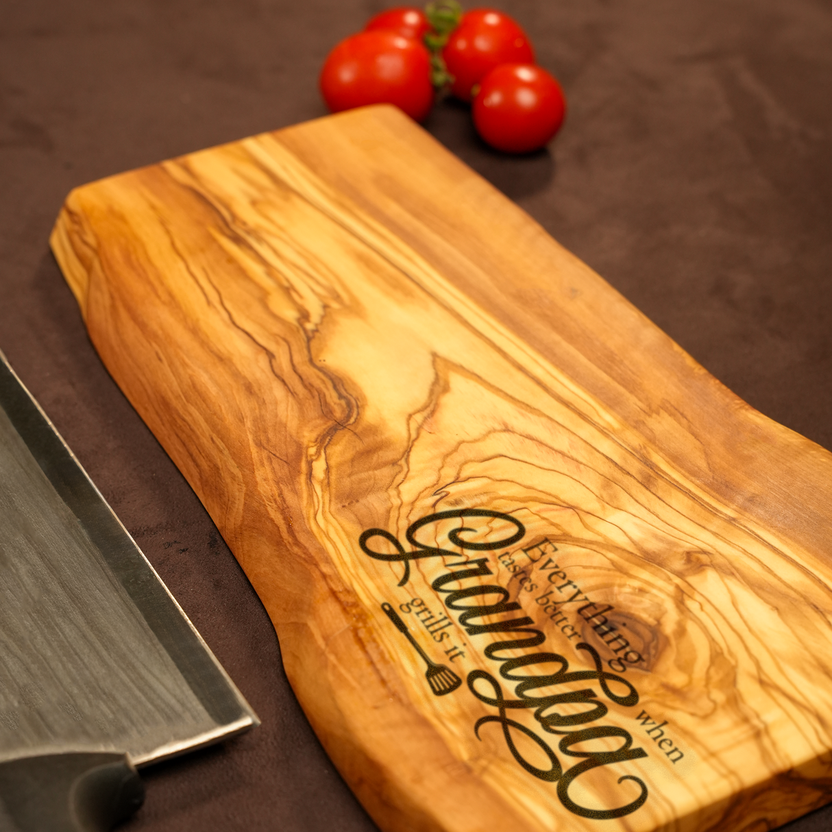 Dad’s BBQ Olive Wood Cutting Board: Live Edge Grill Board with Custom Engraving