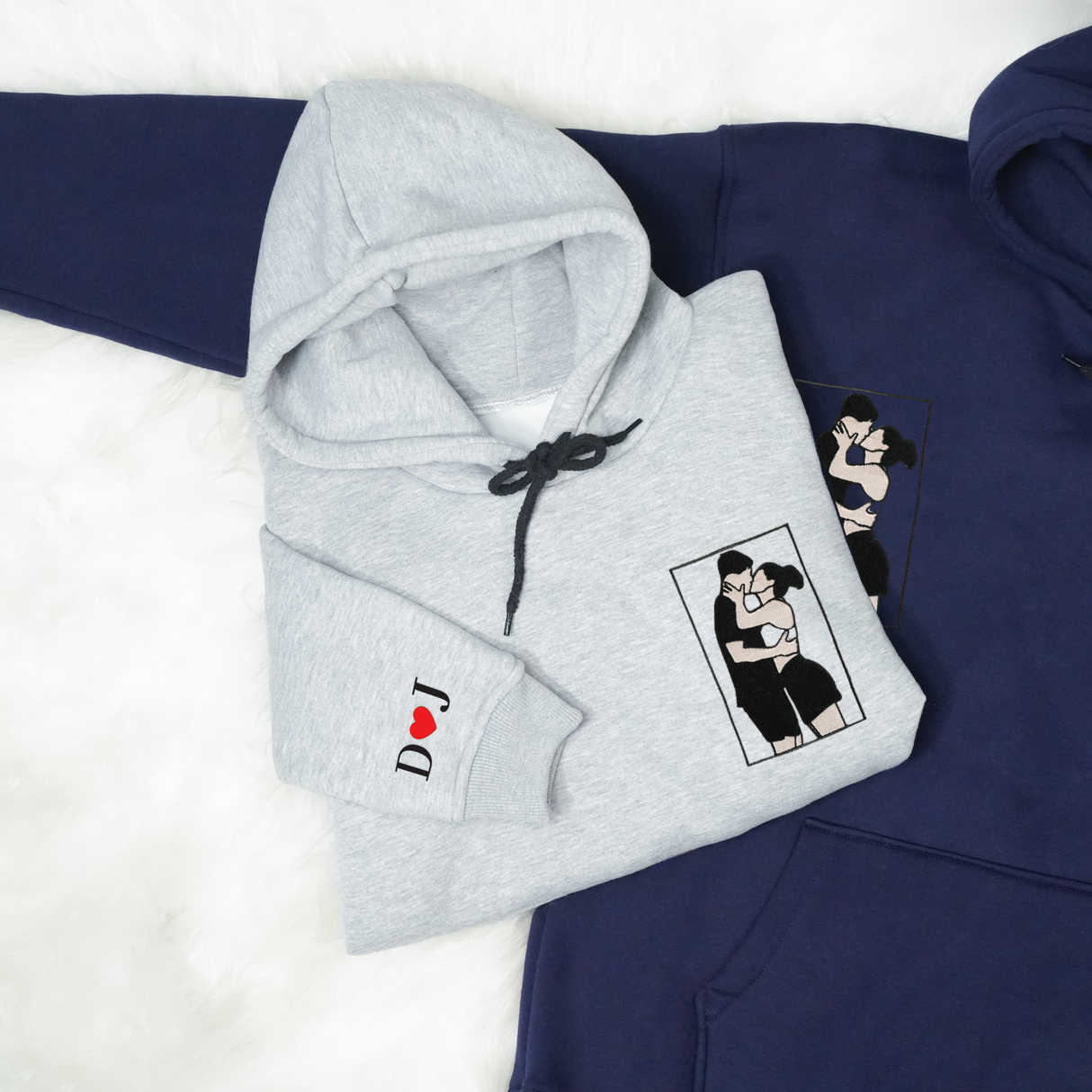 Custom Couple Portrait Sweatshirt: Embroidered Family Photo with Initials on Sleeve, Christmas Gift