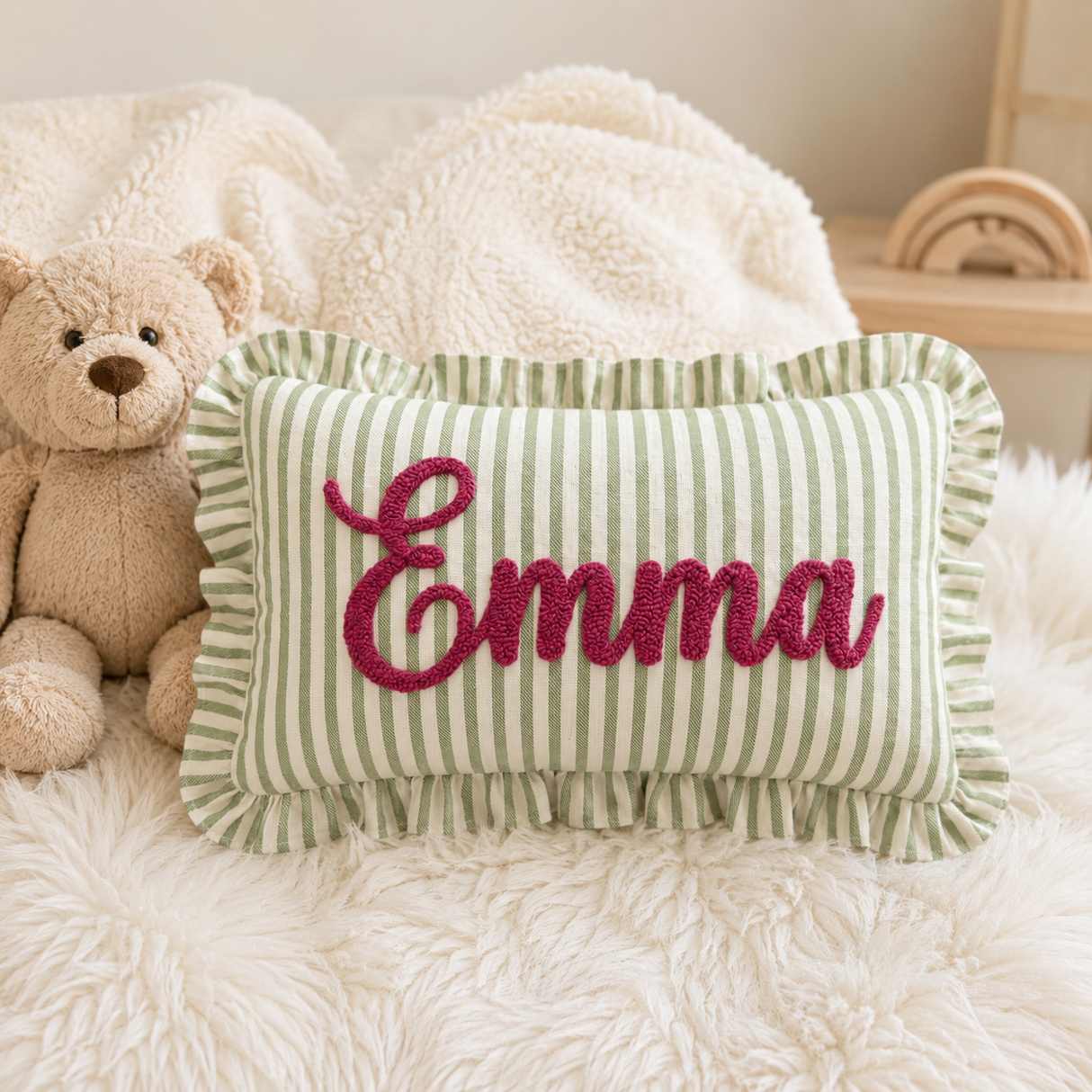 Personalized Name Ruffle Pillow Cover: Custom Name Cushion Baby Nursery Decor