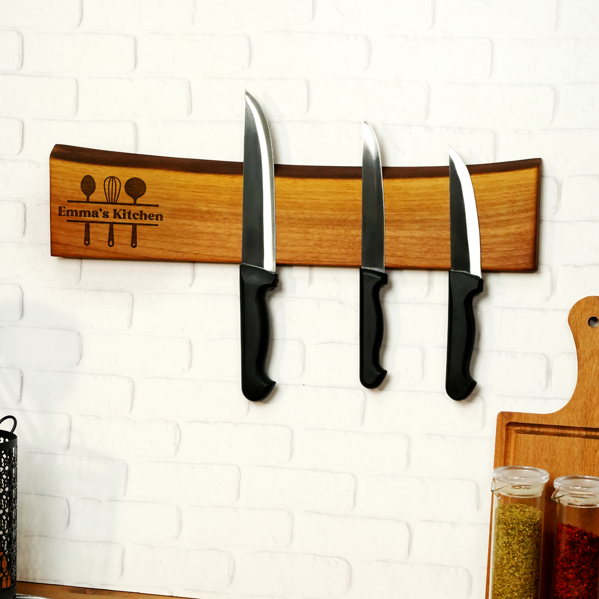 Engraved Walnut Magnetic Knife Strip: Personalized Kitchen for Grandma, Live Edge Wooden Display