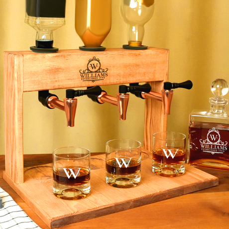 a wooden shelf with whiskey bottles and glasses