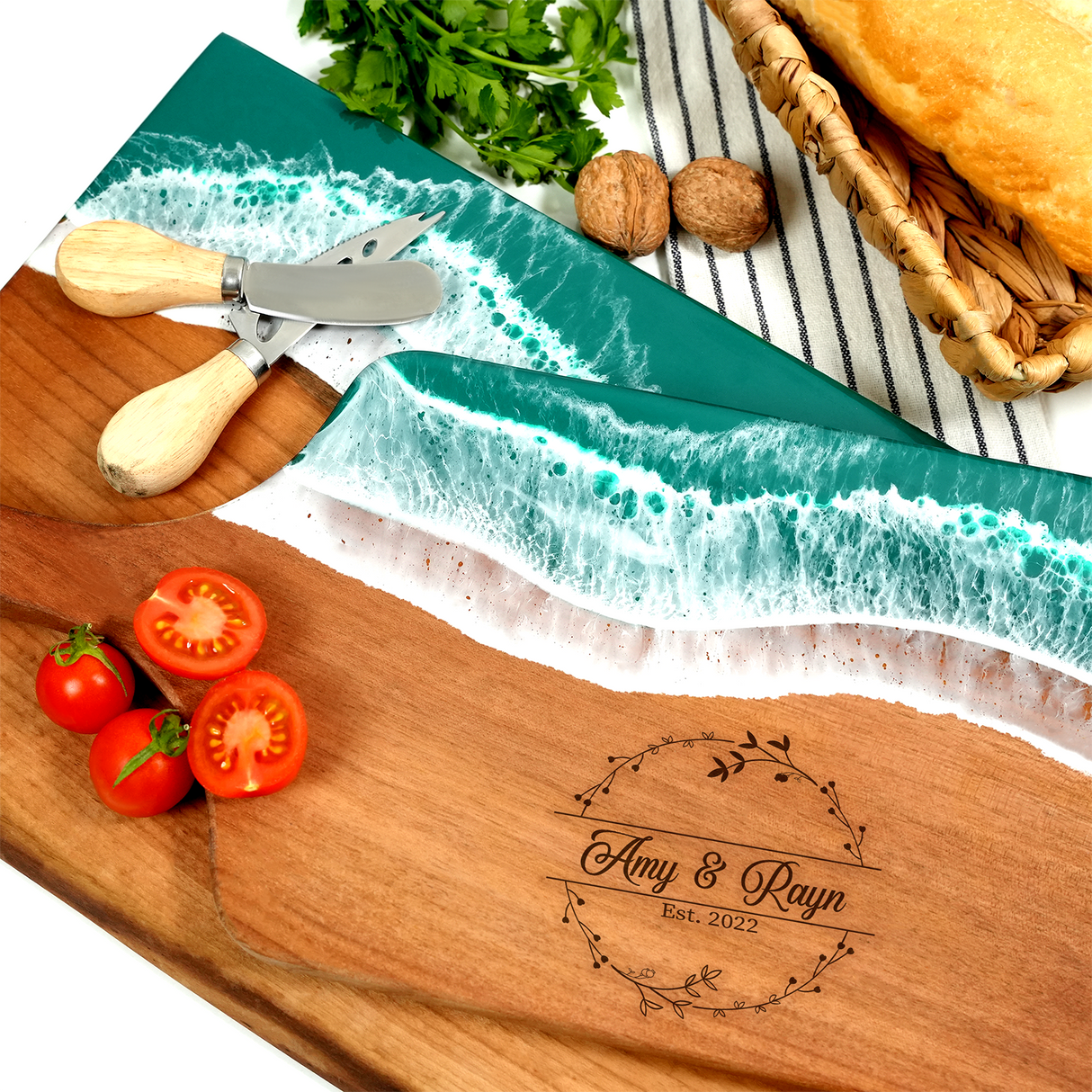 Personalized Resin Charcuterie Board, Engagement Gifts, Custom Unique Wedding Gifts, Walnut Resin Cutting Board, Anniversary Gift, Live Edge
