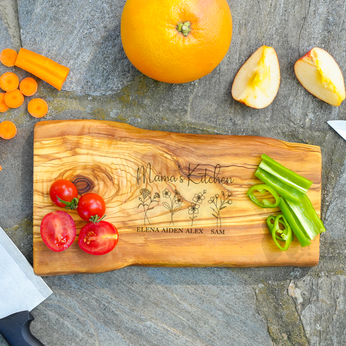 Grandma’s Garden Engraved Olive Wood Board: Live Edge Design with Grandkids Names
