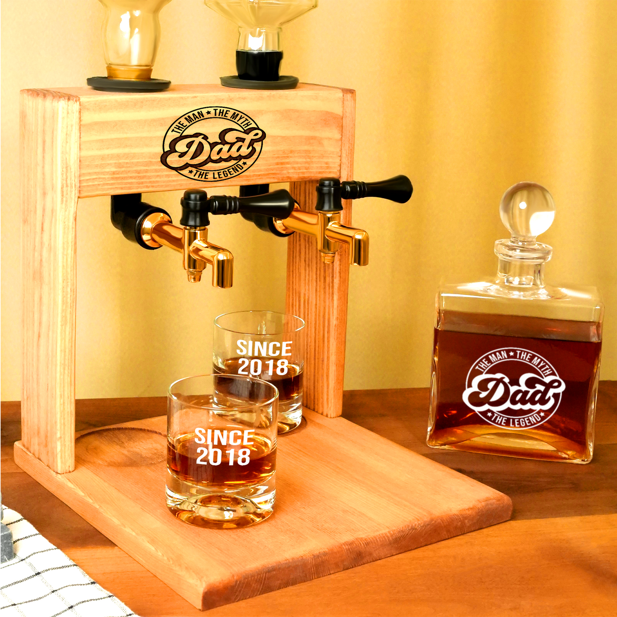 Personalized Wooden Whiskey Alcohol Dispenser with Glasses, Anniversary Gift for Him, Groomsmen Gift Idea, Dad Birthday Gift, Man Cave Decor