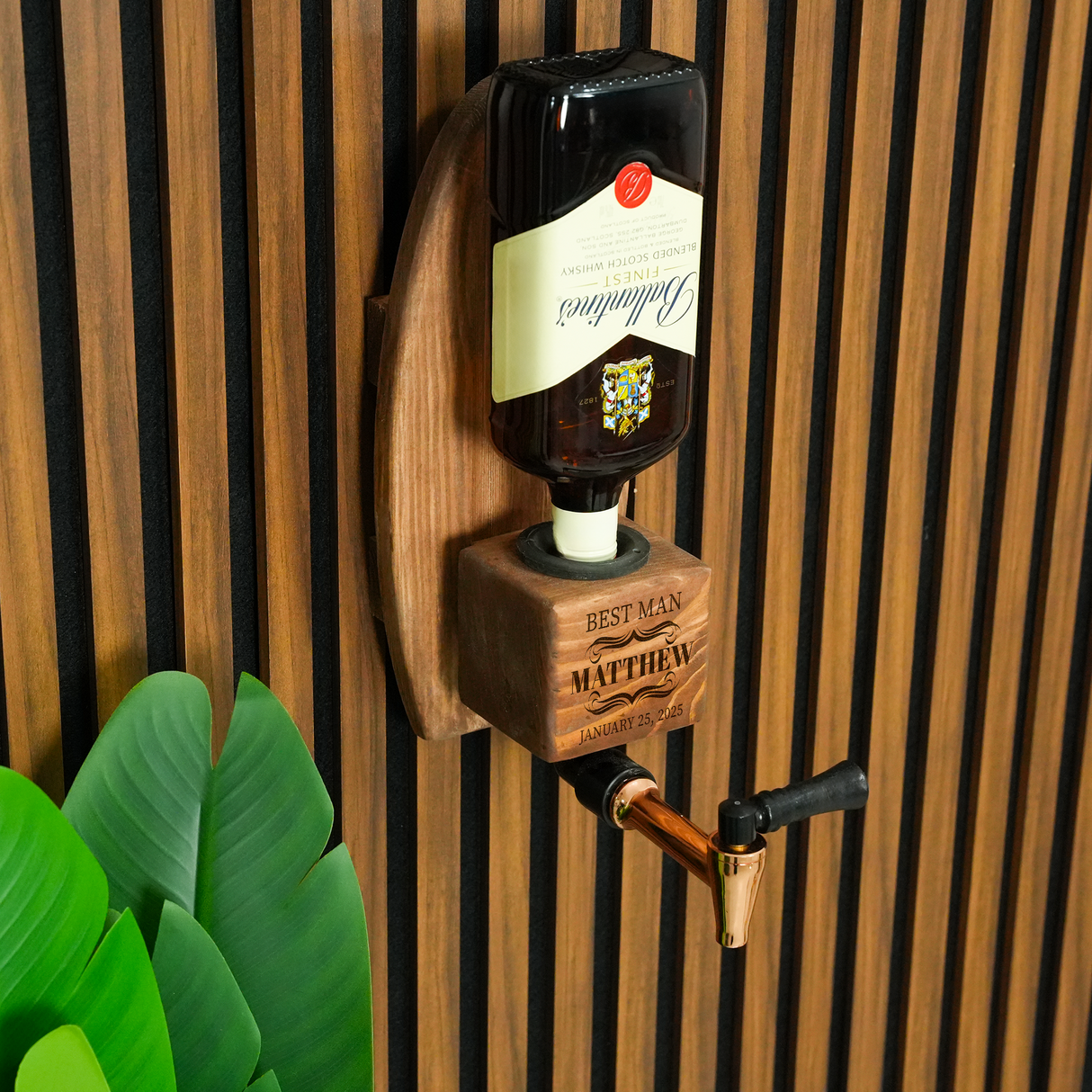 Personalized Liquor Dispenser with Tap: Wooden Whiskey Stand for Rustic Bar Decor