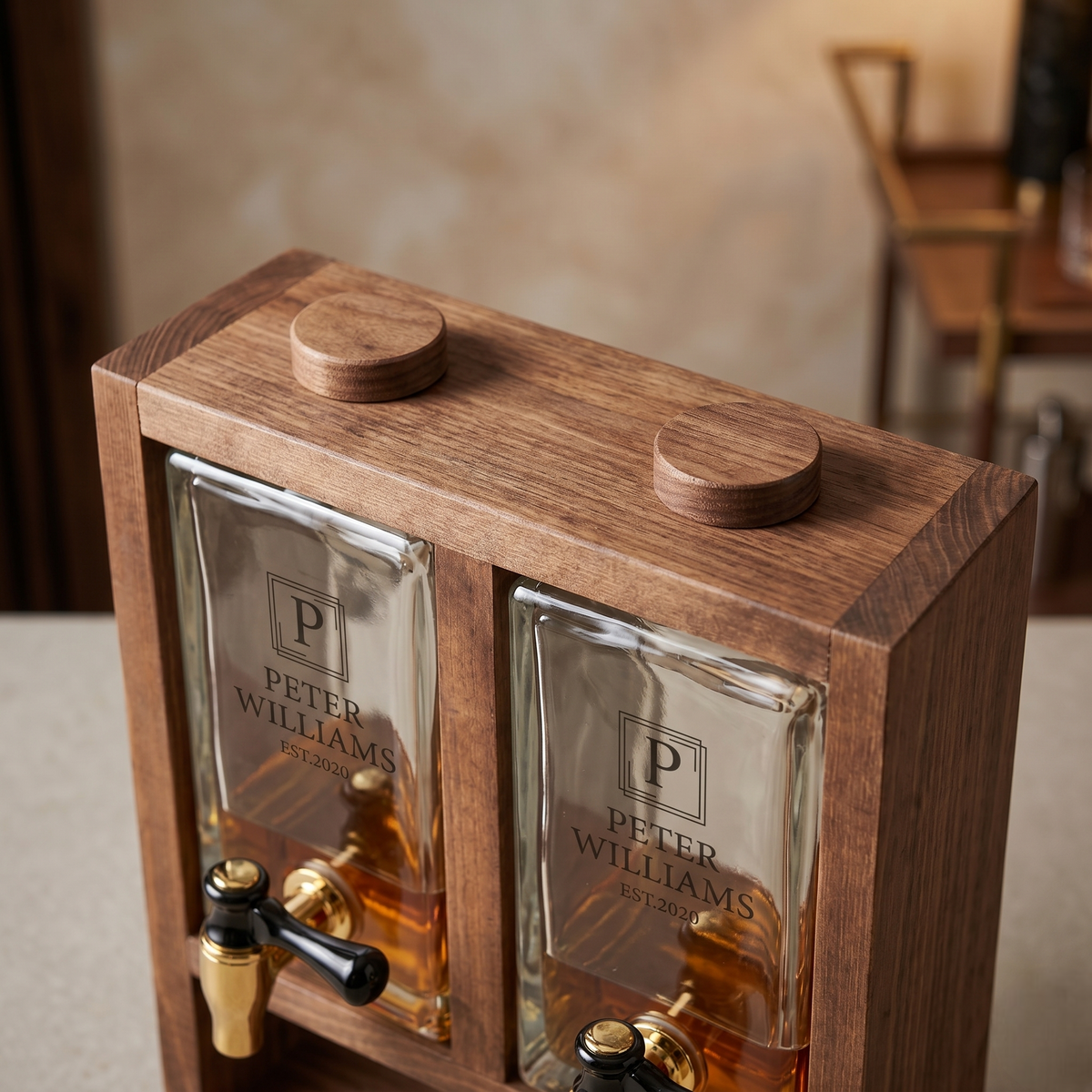 Countertop Whiskey Dispenser with Custom Glass | Wooden Bar Stand