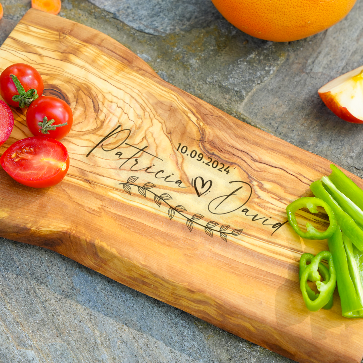 Olive Wood Personalized Cheese Serving Board: Live Edge for Housewarming Gift