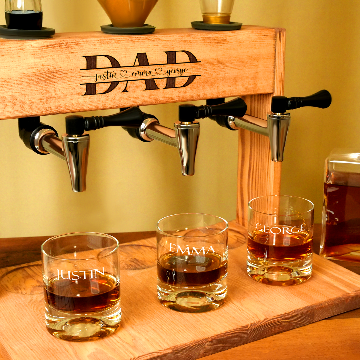 Personalized Wooden Whiskey Alcohol Dispenser with Glasses, Anniversary Gift for Him, Groomsmen Gift Idea, Dad Birthday Gift, Man Cave Decor