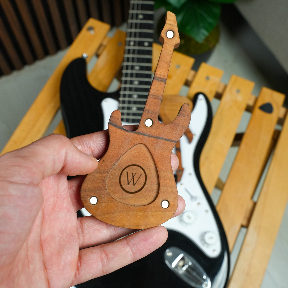 Wooden Guitar Pick Holder: Personalized Magnetic Pick Display Box for Musician Keepsake