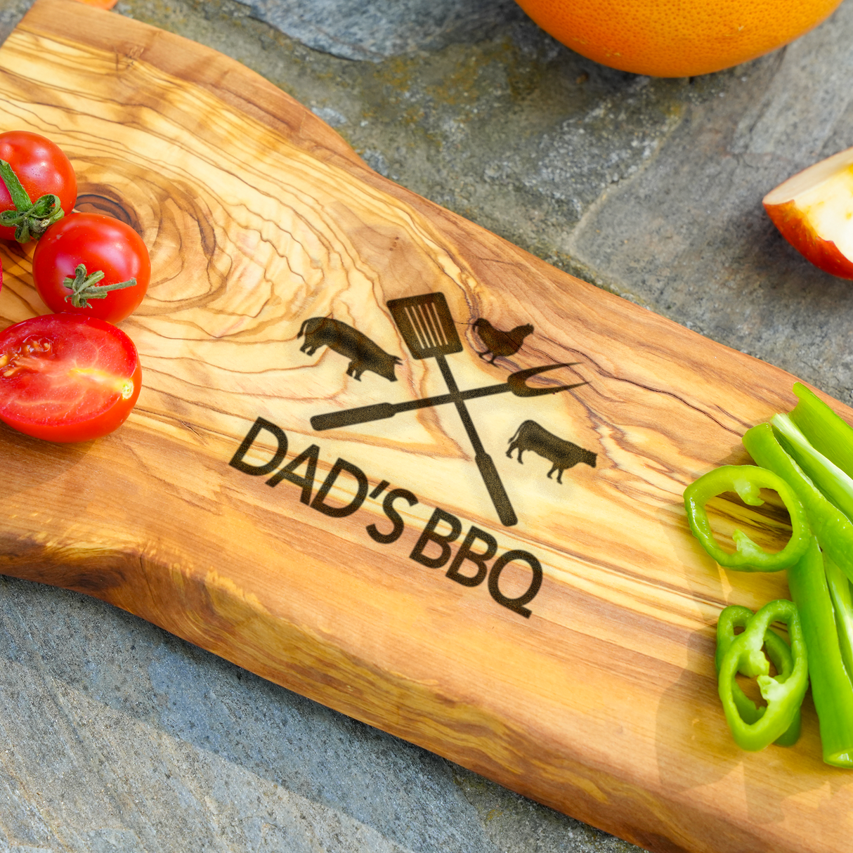 Dad’s BBQ Olive Wood Cutting Board: Live Edge Grill Board with Custom Engraving