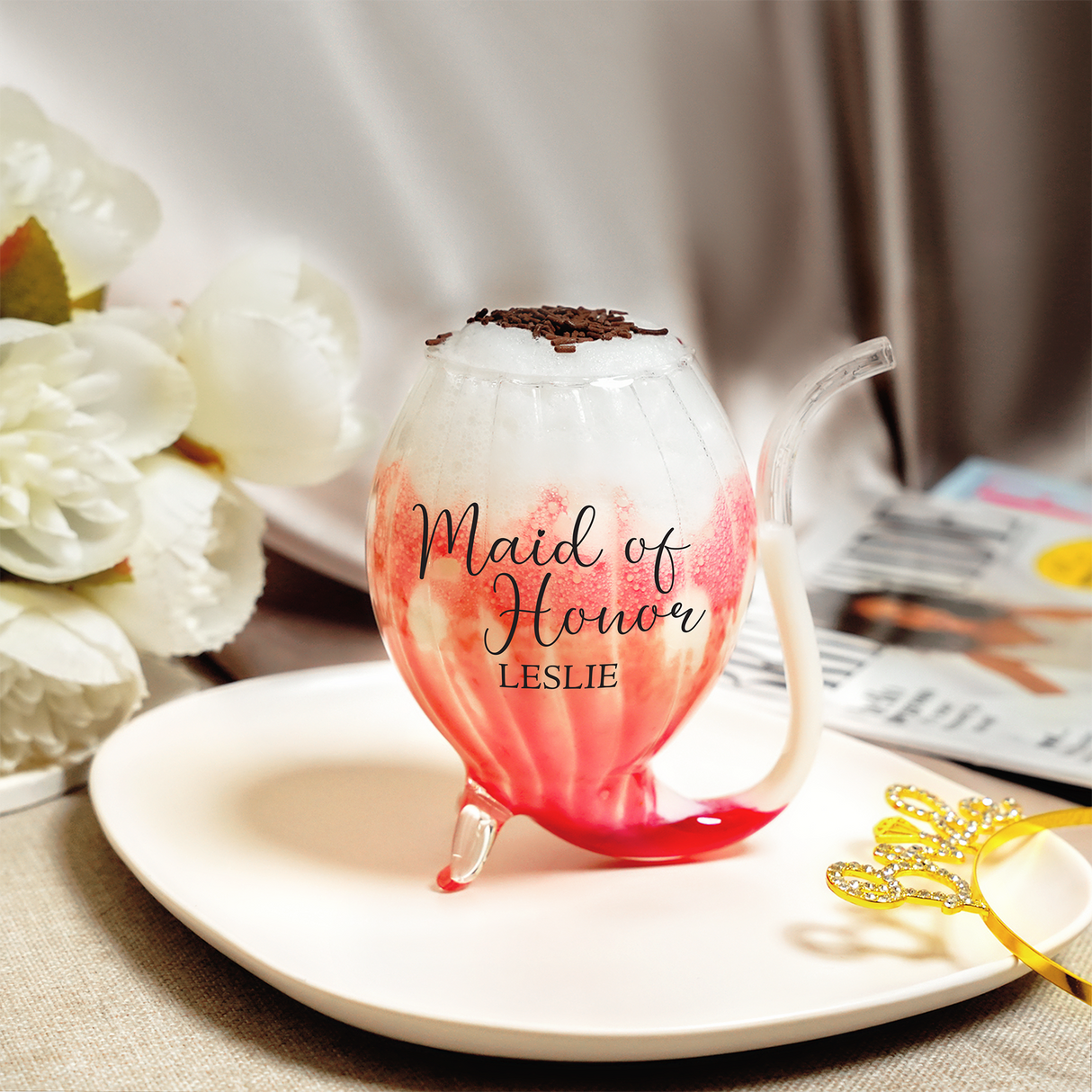 Personalized Wedding Party Cocktail Glass with Straw, Custom Borosilicate Glass Cups, Bridal Shower Favor, Bridesmaid Gift, Gift for Bride