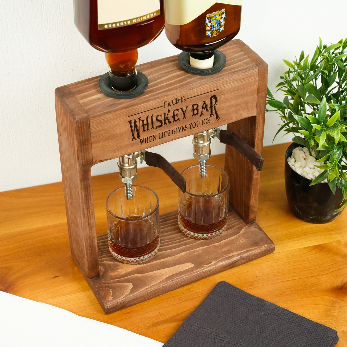 Wooden Personalized Whiskey Dispenser: Home Bar Stand with Leather Tap & Glasses