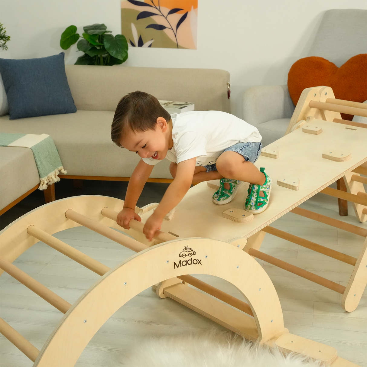 Personalized Climber Set with Balance Board, Arch and Ramp: Montessori Wooden Triangle for Toddlers