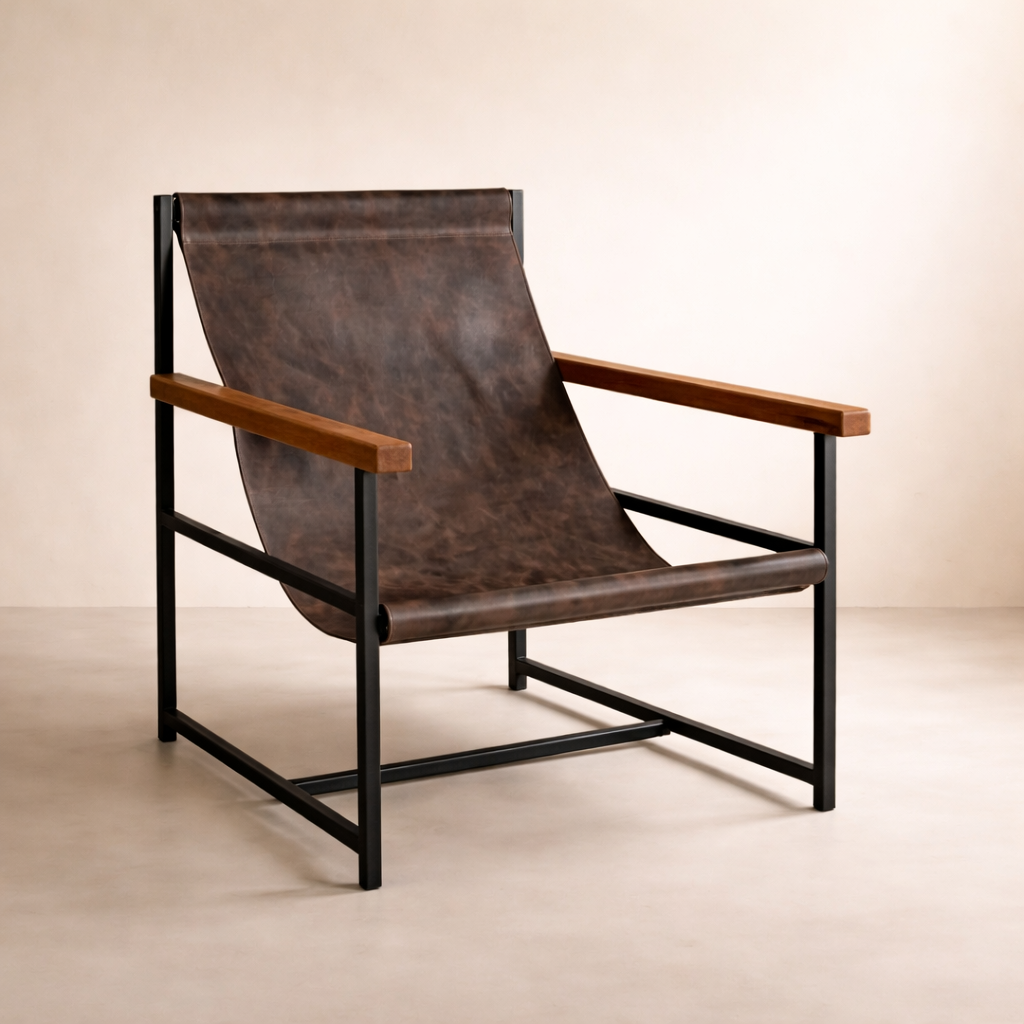 Vintage Brown Genuine Leather Lounge Chair, Mid-Century Modern Home Furniture