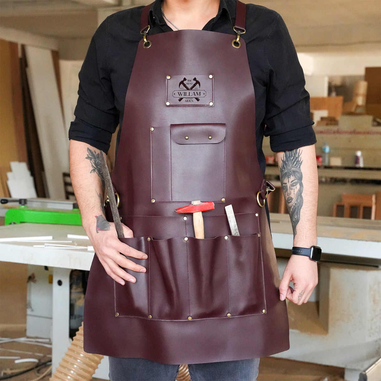 Personalized Workshop Apron with Tool Pocket, Custom Leather Chef Apron, Barbecue Apron, Fathers Day Gift, Gardening Apron, Anniversary Gift