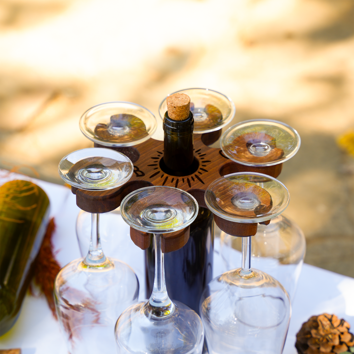 Personalized Walnut Wine Glass Holder: Rustic Engraved Wine Caddy for Couples Home Bar