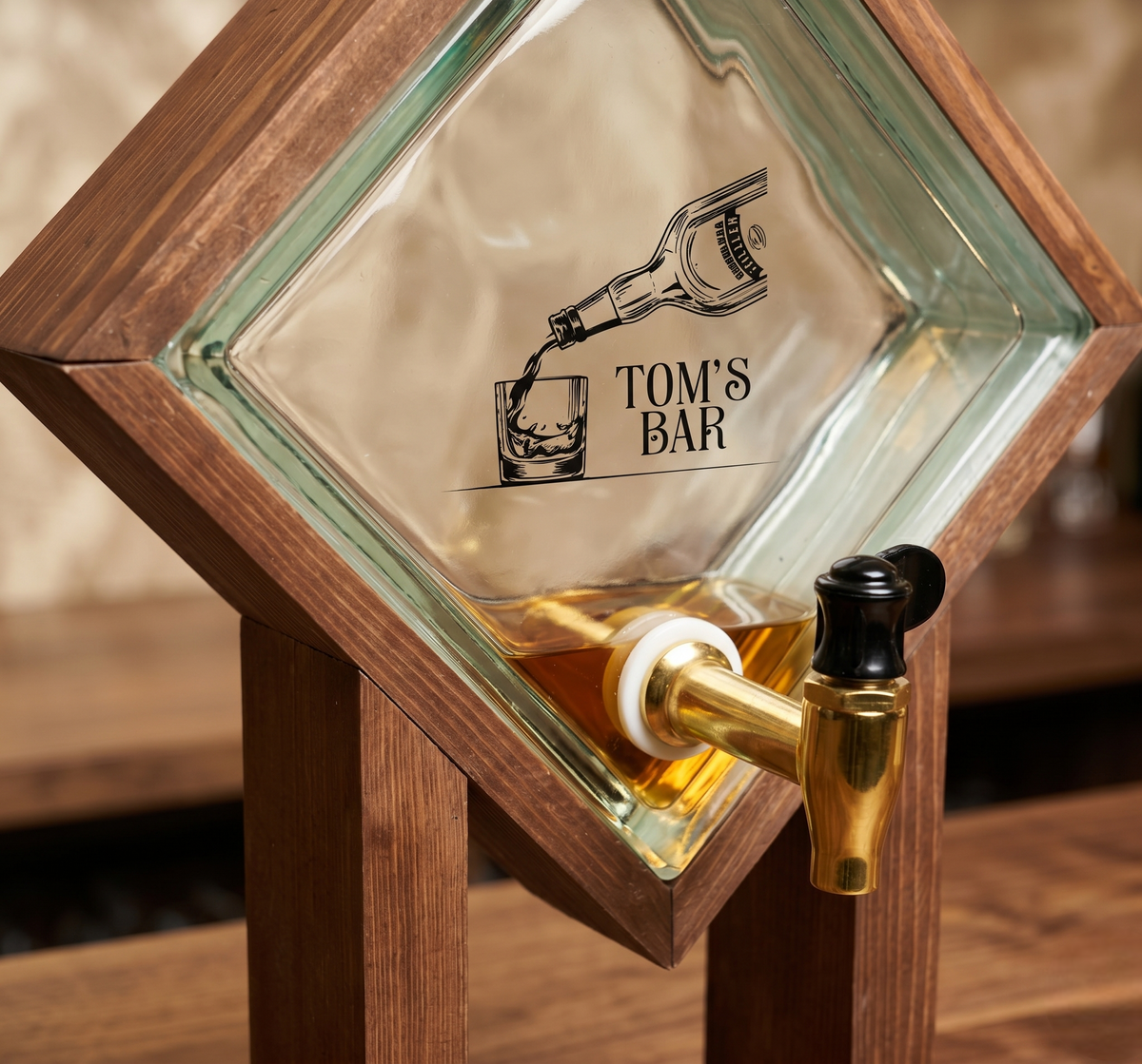 Personalized Glass Whiskey Dispenser with Wooden Stand | Home Bar Accessory