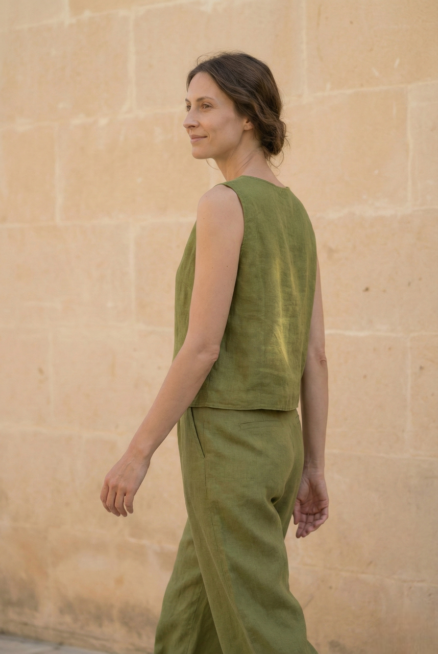 Modern Linen Vest for Women: Sleeveless Button Front Minimalist Top
