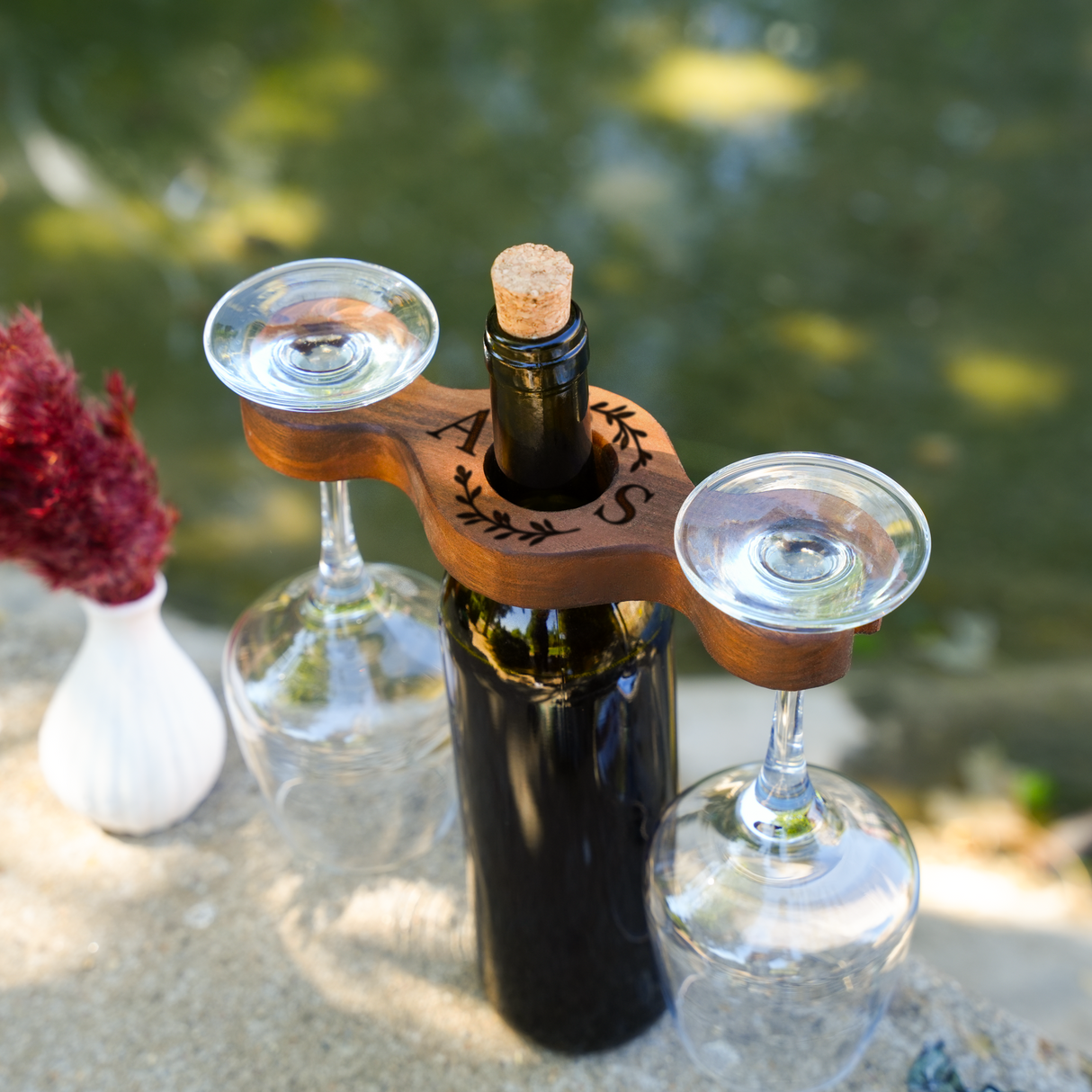 Personalized Walnut Wine Glass Holder: Rustic Engraved Wine Caddy for Couples Home Bar
