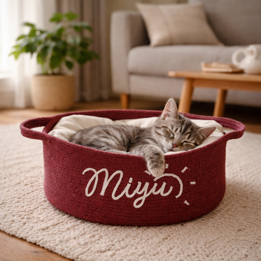 Personalized Cotton Rope Cat Basket Bed with Name: Small Pets Bed & Toy Storage