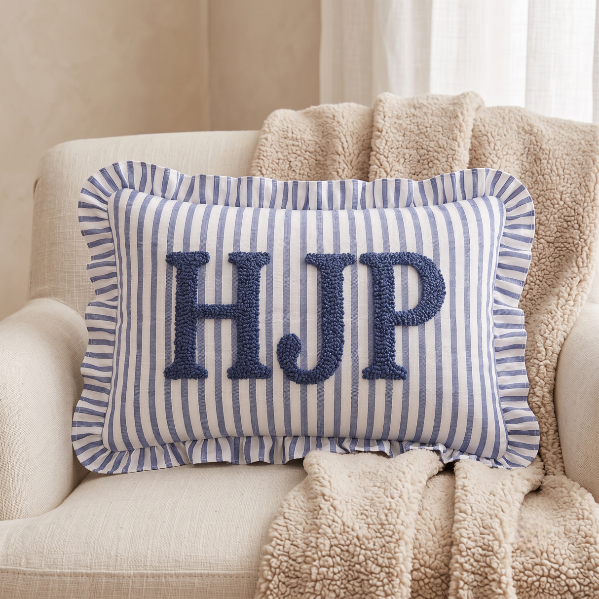 Monogram Custom Embroidered Pillow: Personalized College Gift Dorm Decor, Striped Ruffled Cushion