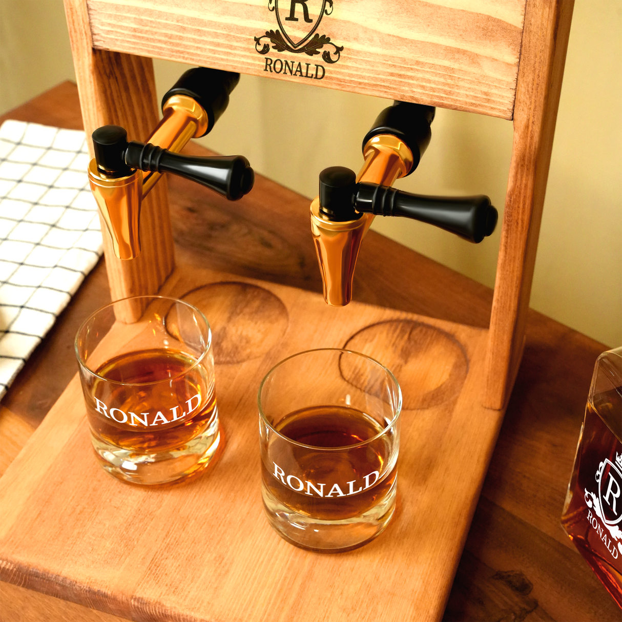 Personalized Wooden Whiskey Alcohol Dispenser with Glasses, Anniversary Gift for Him, Groomsmen Gift Idea, Dad Birthday Gift, Man Cave Decor