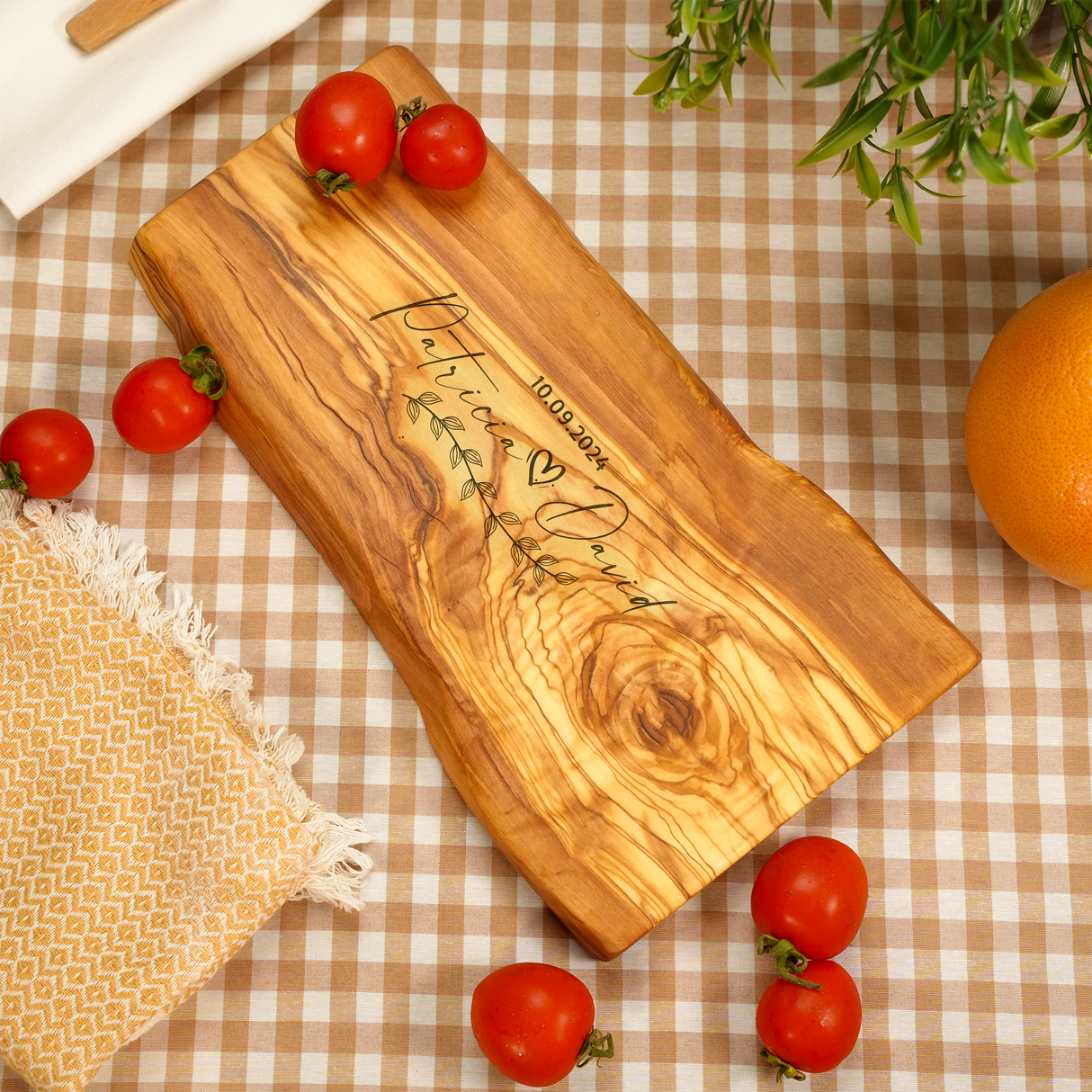 Personalized Olive Wood Cutting Board: Live Edge Charcuterie Serving Tray for Anniversary