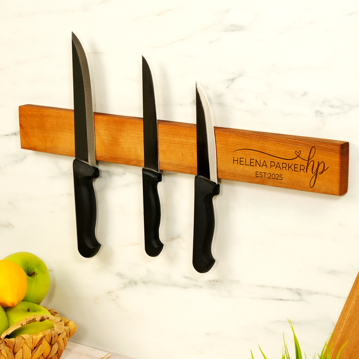 Engraved Walnut Magnetic Knife Strip: Personalized Kitchen for Grandma, Live Edge Wooden Display