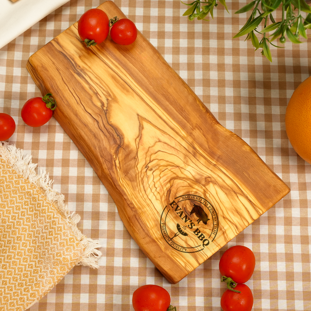 Dad’s BBQ Olive Wood Cutting Board: Live Edge Grill Board with Custom Engraving