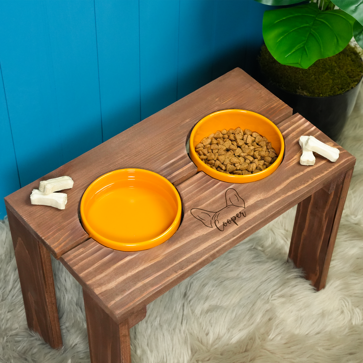 Elevated Dog Feeding Stand with Ceramic Bowls: Personalized Wooden Pet Station