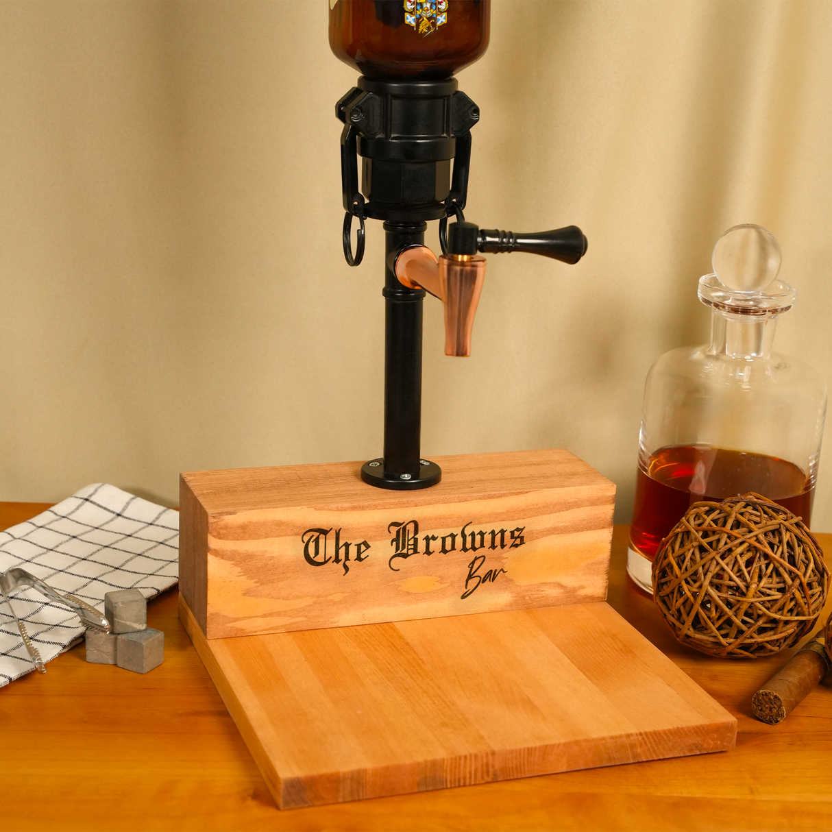 Wooden Whiskey Dispenser with Custom Engraved Stand: Rustic Basement Bar Decor