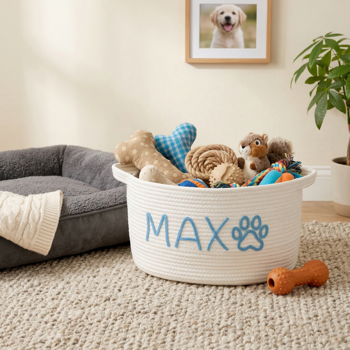 Personalized Dog Toy Storage Basket: Handwoven Cotton Rope, Pet Owner Gift