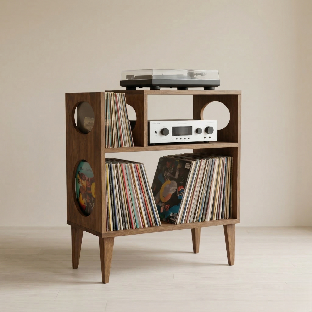 Mid-Century Record Player Stand with Vinyl Storage | Wooden Turntable Cabinet