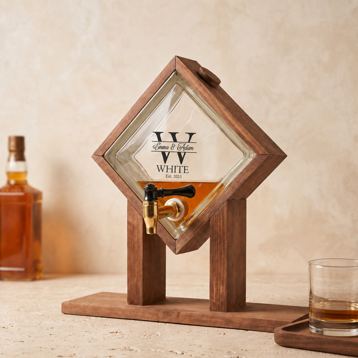 Countertop Whiskey Dispenser with Custom Glass | Wooden Bar Stand