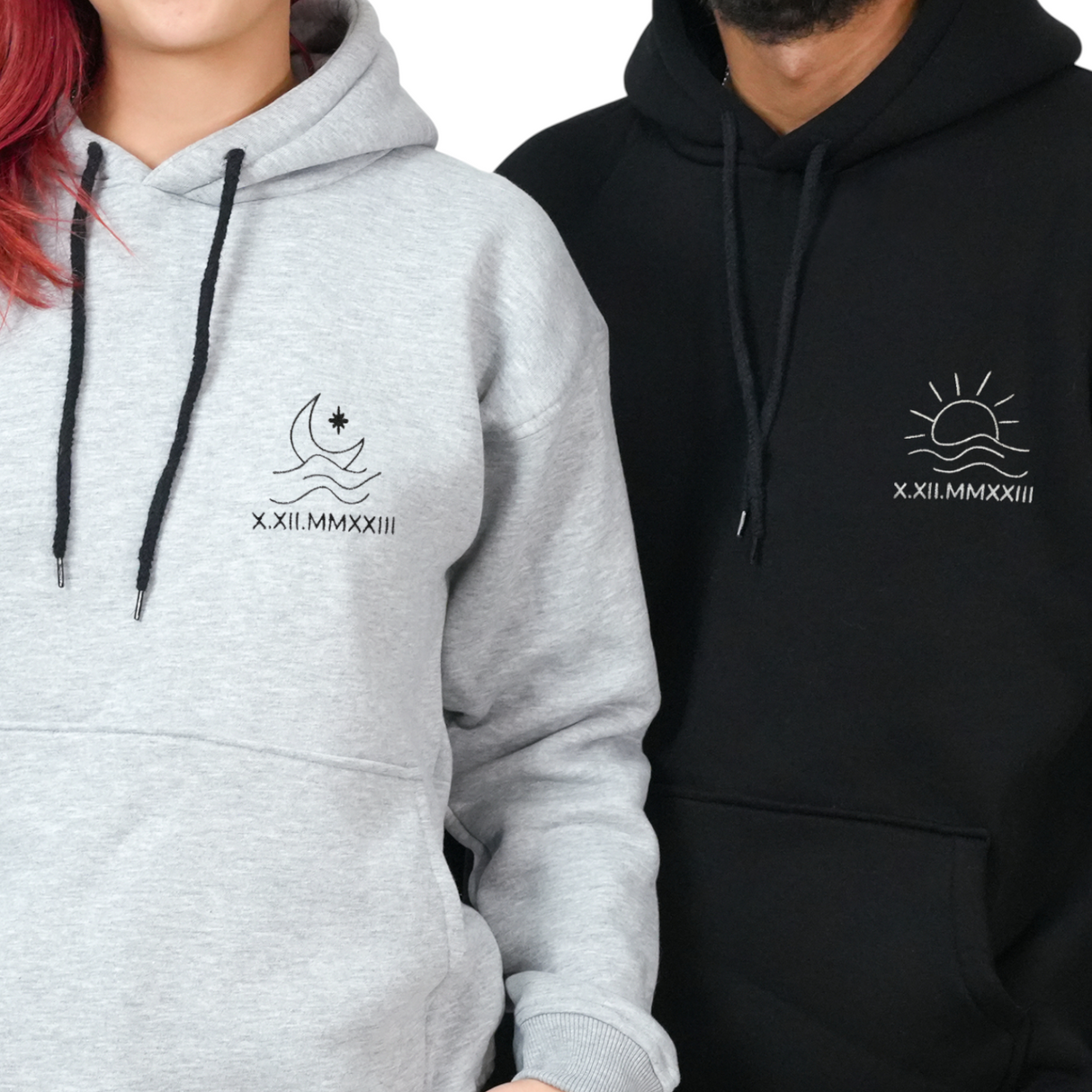 Matching Couple Sweatshirt with Roman Numeral: Custom Embroidered Sun and Moon Design, Anniversary Gifts