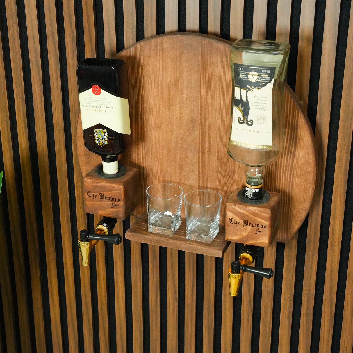 Personalized Liquor Dispenser with Tap: Wooden Whiskey Stand for Rustic Bar Decor