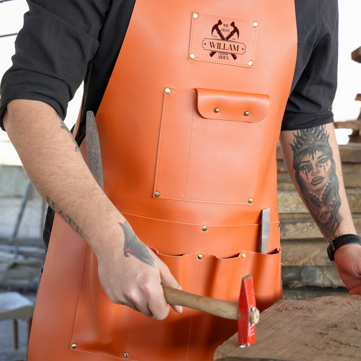 Personalized Workshop Apron with Tool Pocket, Custom Leather Chef Apron, Barbecue Apron, Fathers Day Gift, Gardening Apron, Anniversary Gift