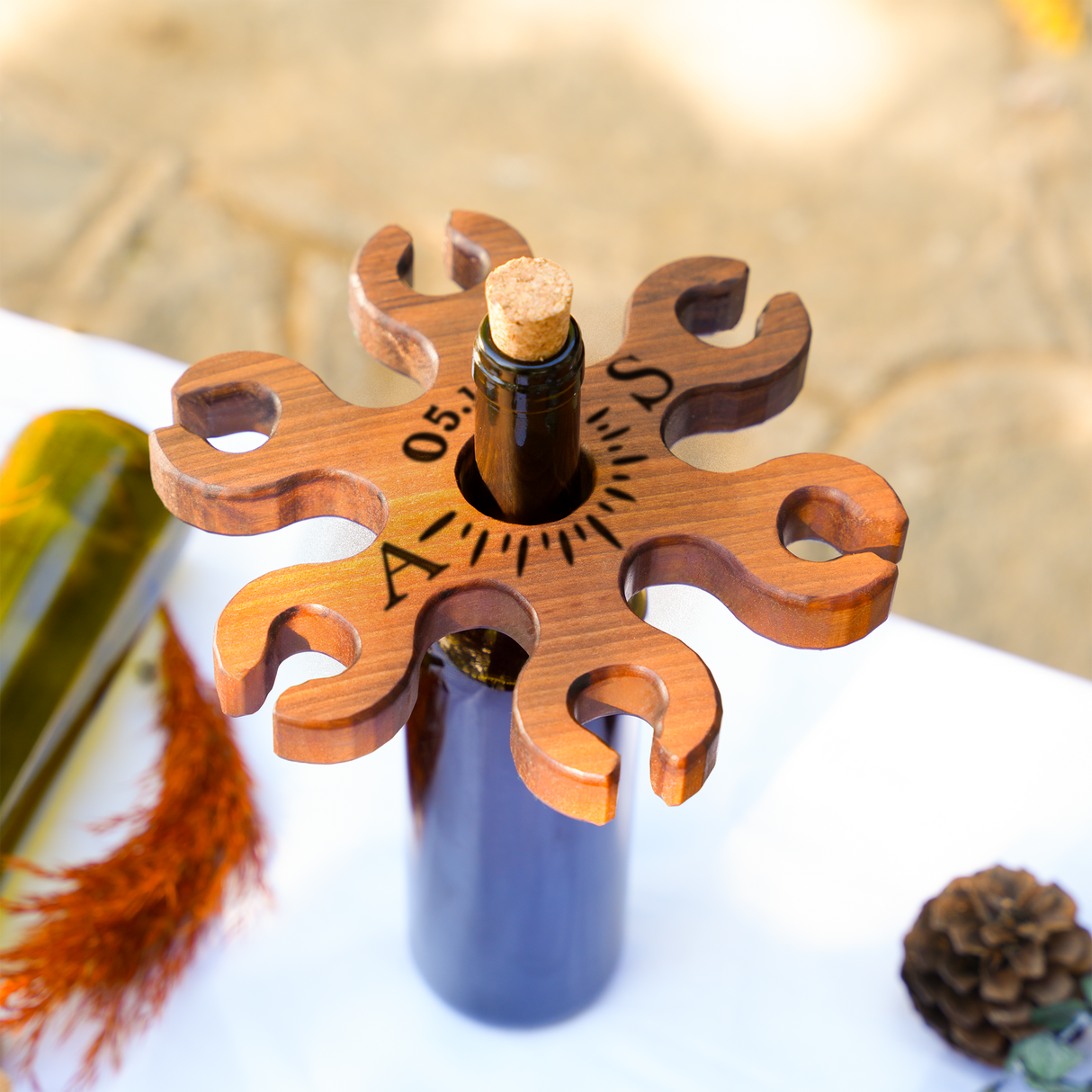 Personalized Walnut Wine Glass Holder: Rustic Engraved Wine Caddy for Couples Home Bar