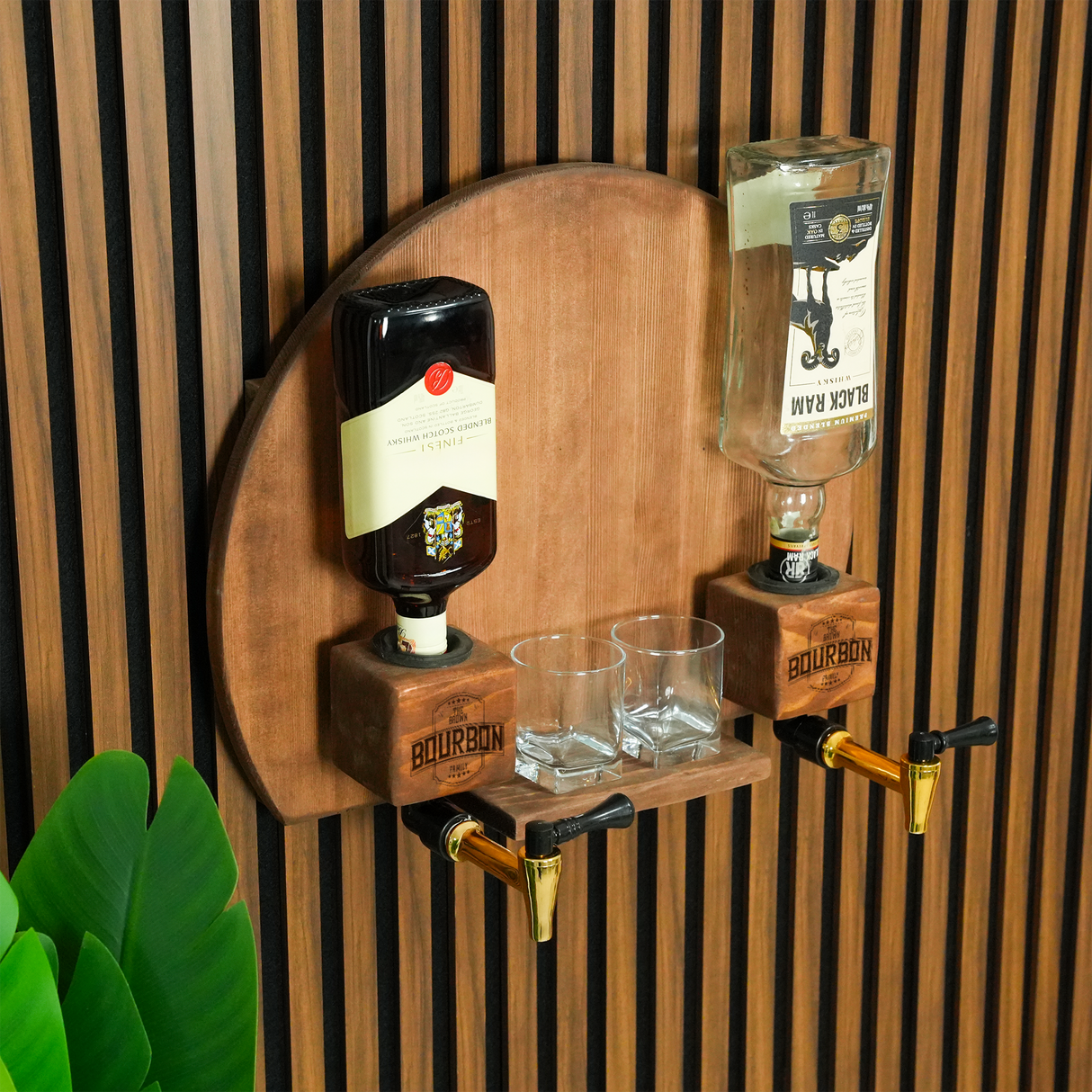 Personalized Bourbon Dispenser with Glasses: Wall Mounted Whiskey Bar Decor