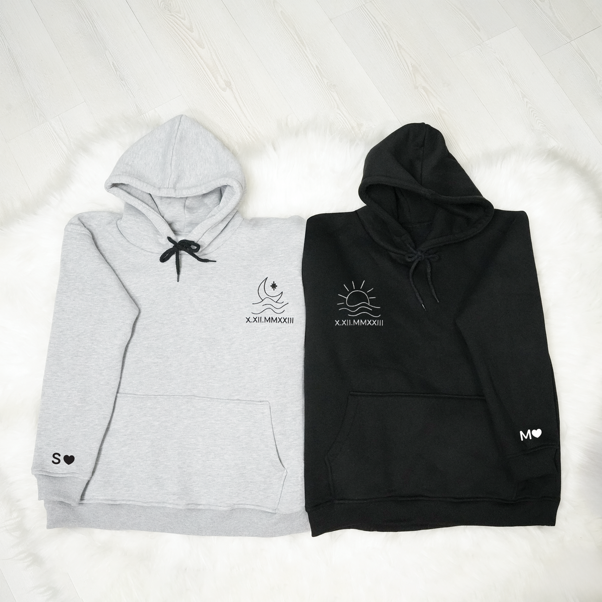 Matching Couple Sweatshirt with Roman Numeral: Custom Embroidered Sun and Moon Design, Anniversary Gifts