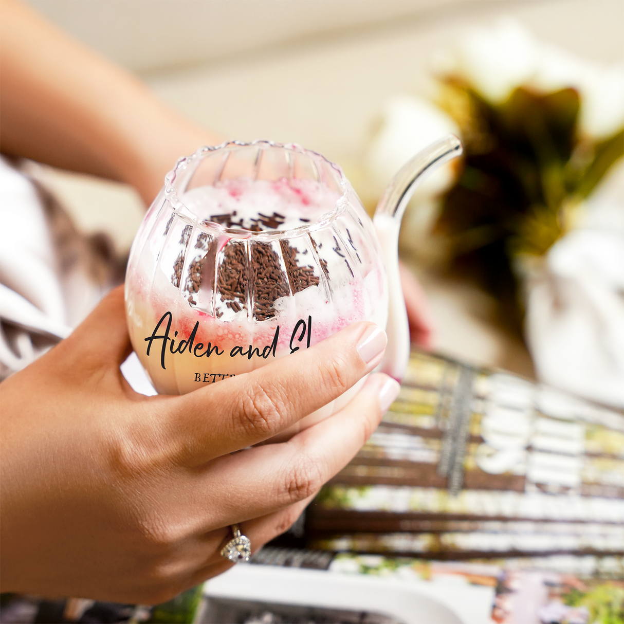 Personalized Bridesmaid Wedding Cocktail Glass, Bridal Shower Gift, Maid of Honor Gift, Custom Champagne Glasses with Straw, Future Mrs Gift