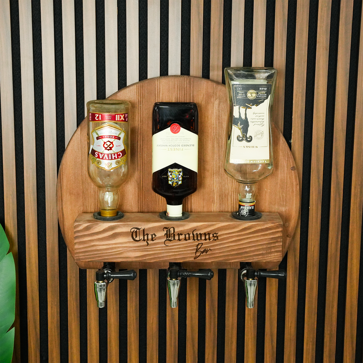 Personalized Liquor Dispenser with Tap: Wooden Whiskey Stand for Rustic Bar Decor